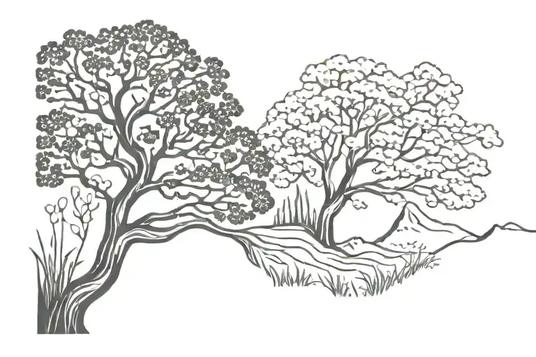 Oak Tree That Blends Into Mountains And Snowdrops Black And White