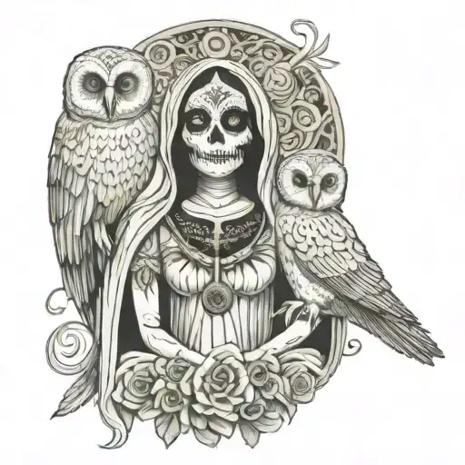 Santa Muerte Body Girl Holding Owl