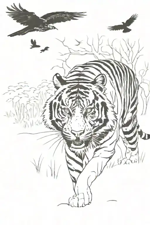 Tiger Walking In The Forest With Crows