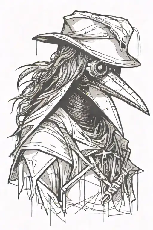 Plague Doctor With Long Hair Looking Like A Crow In A Graffiti And Minimalist And Sketch Style