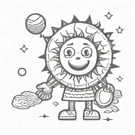 Sun With A Sad Face Holding An Inflatable Balloon In His Hand