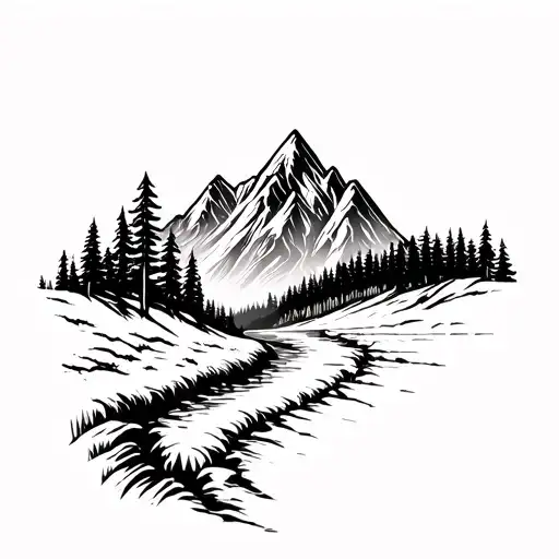 Mountains And Trees With Stream Splits The Mountain