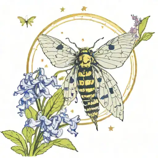 Cicada Surrounded By Bluebell Flowers With Moon Phases Above