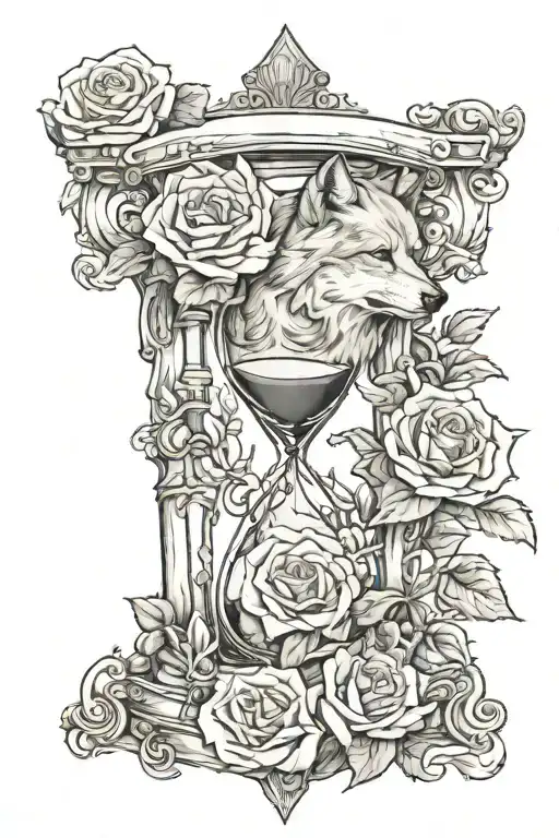 Roses Surrounding An Hourglass And A Protective Wolf