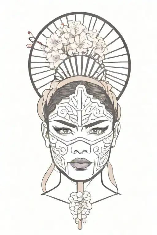 Feminine Female Warrior Headshot With Cherry Blossoms And A Fan Over Her Face