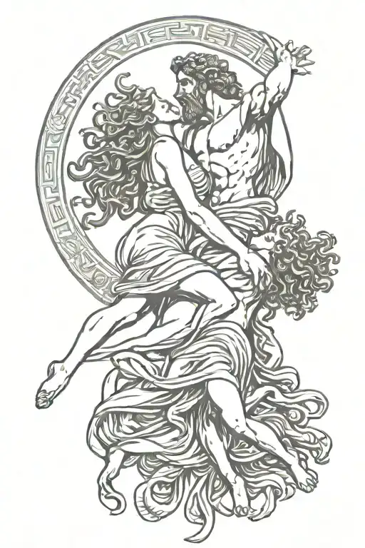 Zeus And Medusa Kiss As They Fall From The Air In Ancient Greece