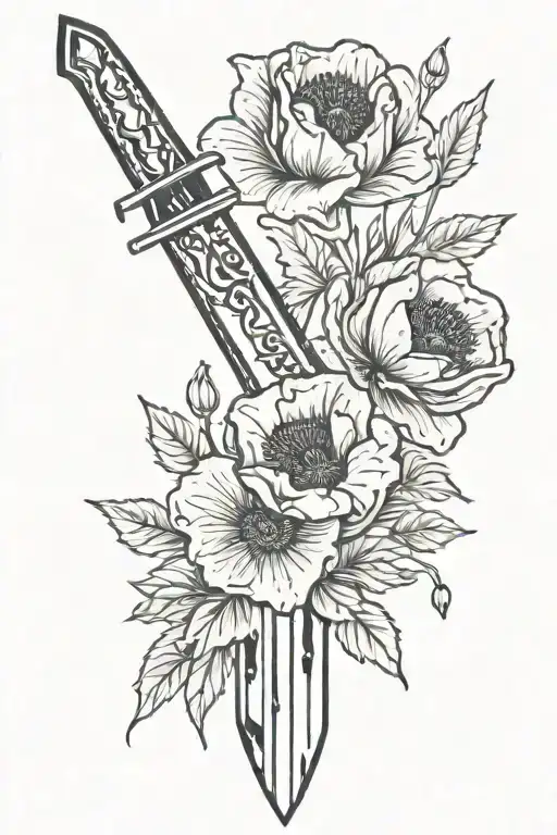 A Dagger With Red Poppies And A Black Cat