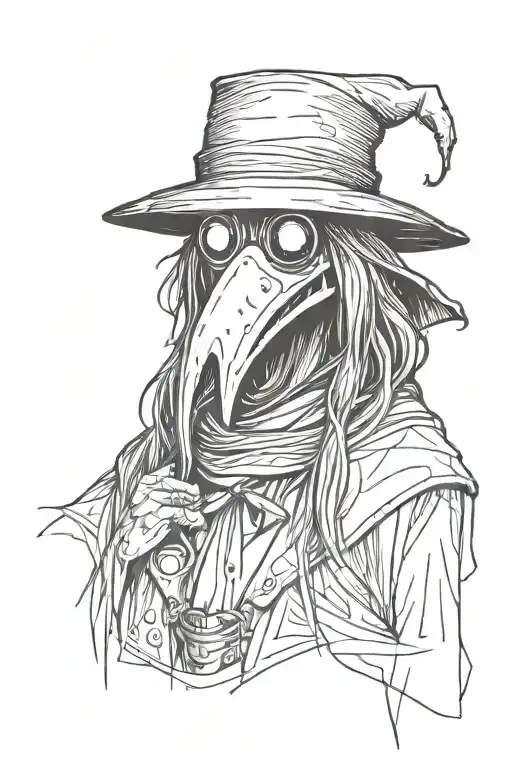Scary And Mean Plague Doctor With Long Hair A Graffiti And Minimalist And Sketch Style