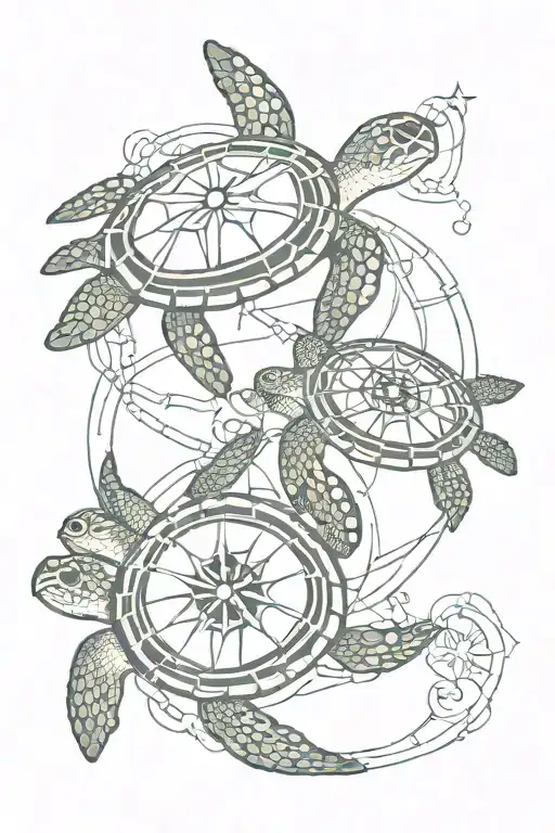 Sea Turtle And Compass Intertwined