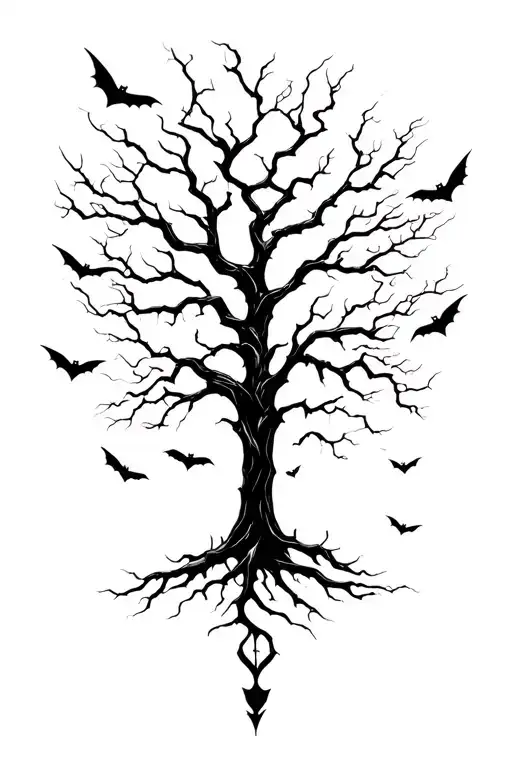 Gothic Tree With Bats Flying Across