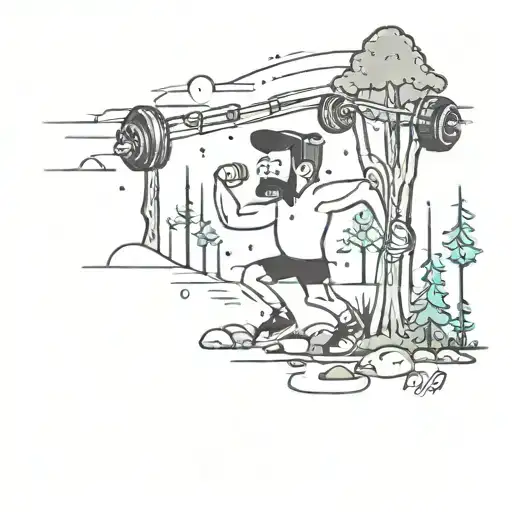 A Minimalist Tattoo Of A Cartoon Character Working Out To Music In A Forest Setting