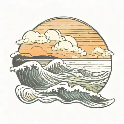Waves With Mountains And Sunset