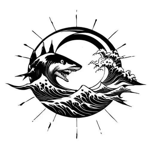 Ocean Waves Shark Emerging Sun Moon Surrounded