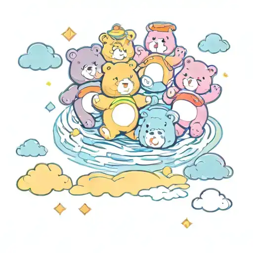A Group Of Care Bears Floating On A River Surrounded By Bright Colors And Love Symbols