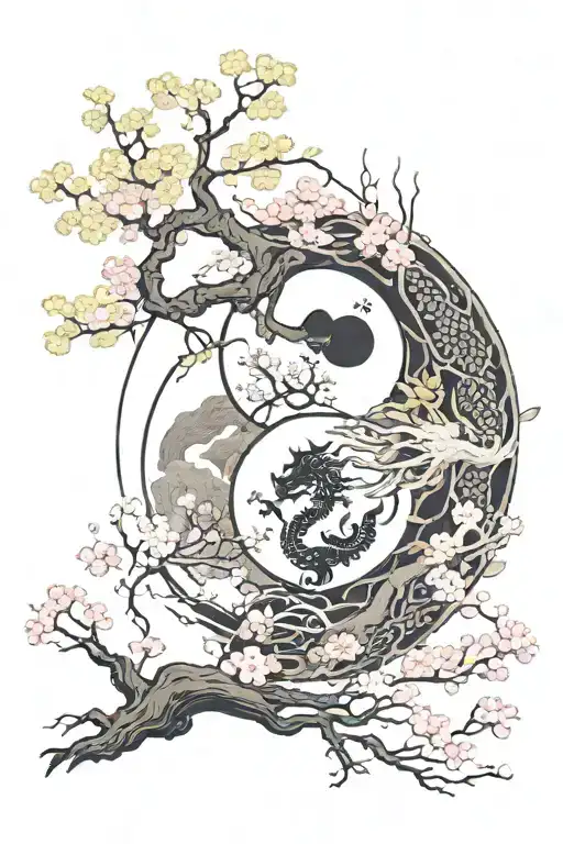Yin And Yang With Samurai And Dragon And Sakura Tree On The Whole Hand