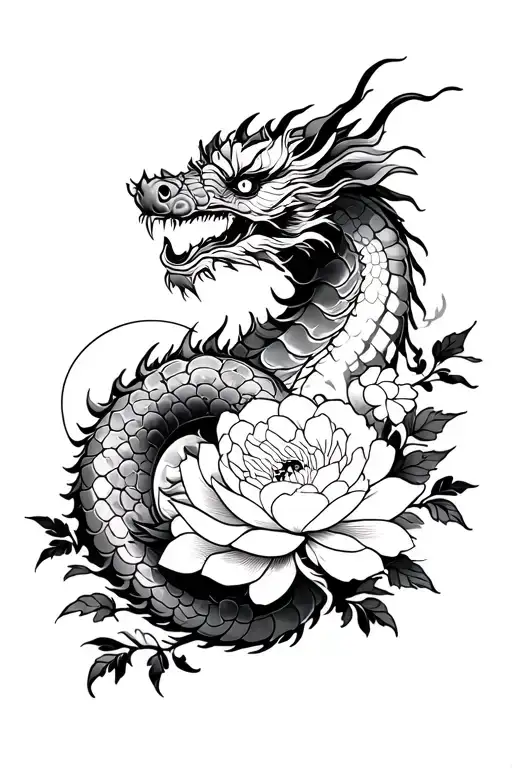 Realistic Japanese Dragon With Peonies And A Sun