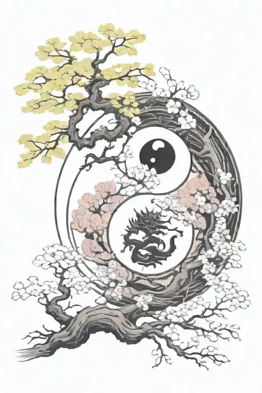 Yin And Yang With Samurai And Dragon And Sakura Tree On The Whole Hand