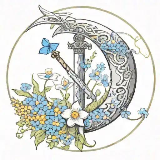 Half Moon With Sword And Forget Me Nots Surrounding