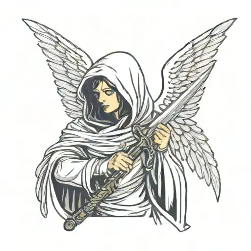 Woman With Wings Holding A Sword Wearing A Hood