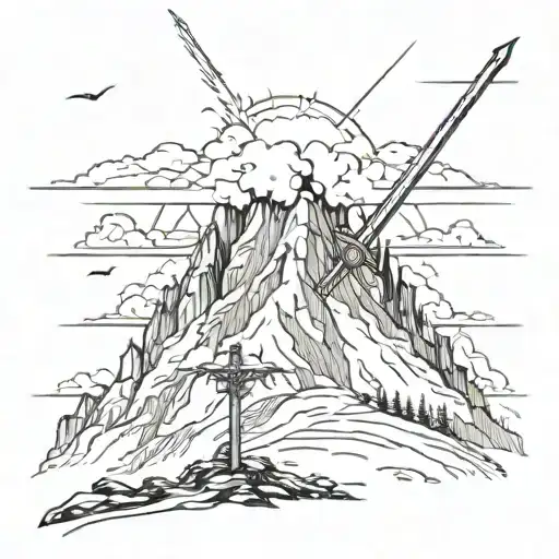 Storm Above Mountain Range With Sword Going Through The Whole Thing