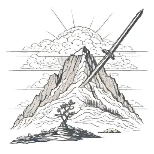 Storm Above Mountain Range With Sword Going Through The Whole Thing