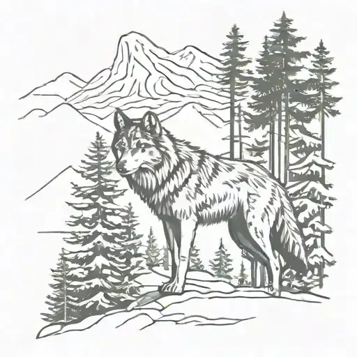 Wolf Between Two Pines In The Forest And Mountains In The Background
