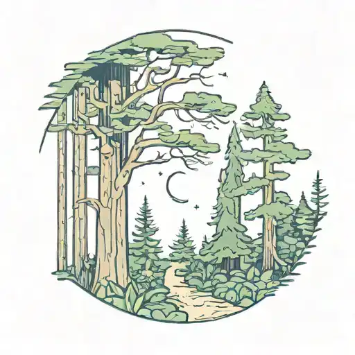 Hiking Trail Through A Forest With A Crescent Moon Shining Above