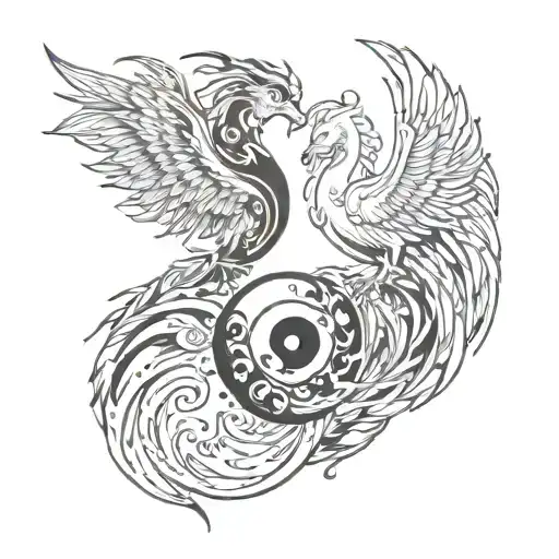 Phoenix And Yin Yang Symbol Intertwined