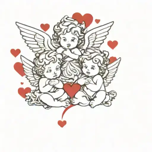 Three Cherub Angel Minimal Detail Together With A Background Of Red Airbrushed Hearts