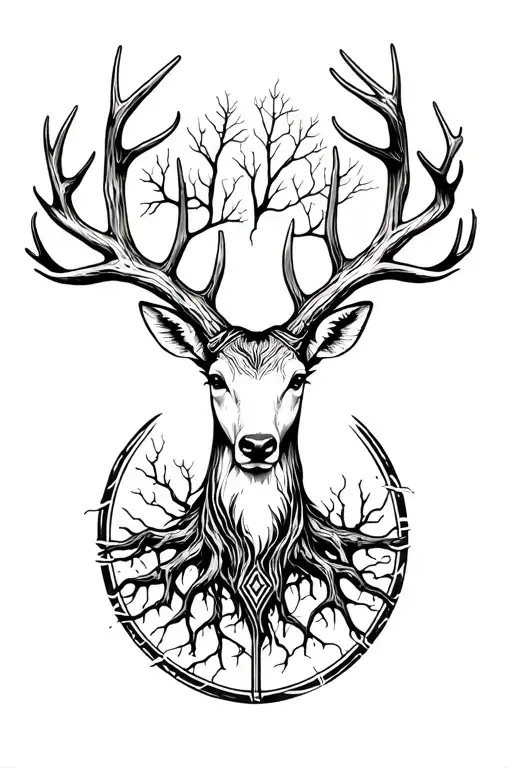 Filler Tattoo On Upper Back Piece Of Norse Tree Of Life Inbetween Deer Antlers