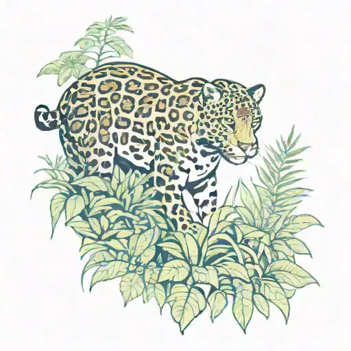 Jaguar In The Forest With Birds And Plants