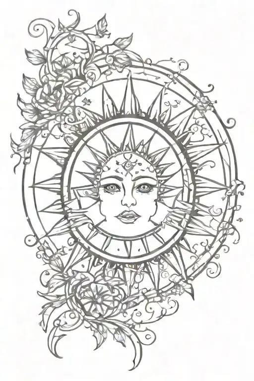 Pretty Sun With Lashes And Vines Around The Sun With Stars And Fairy Like Add Ons