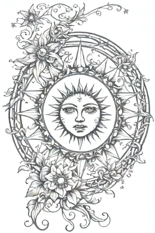 Pretty Sun With Lashes And Vines Around The Sun With Stars And Fairy Like Add Ons