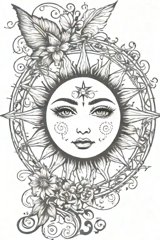 Pretty Sun With Lashes And Vines Around The Sun With Stars And Fairy Like Add Ons