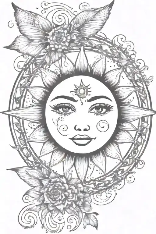 Pretty Sun With Lashes And Vines Around The Sun With Stars And Fairy Like Add Ons
