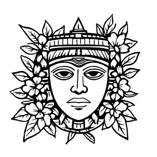 Aztec Face Surrounded By Leaves And Flowers