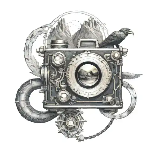 Steampunk Camera With Mountains Panorama With Eagle Wings