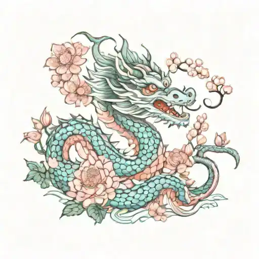 Vertical Eastern Dragon With Lotus And Cherry Blossoms