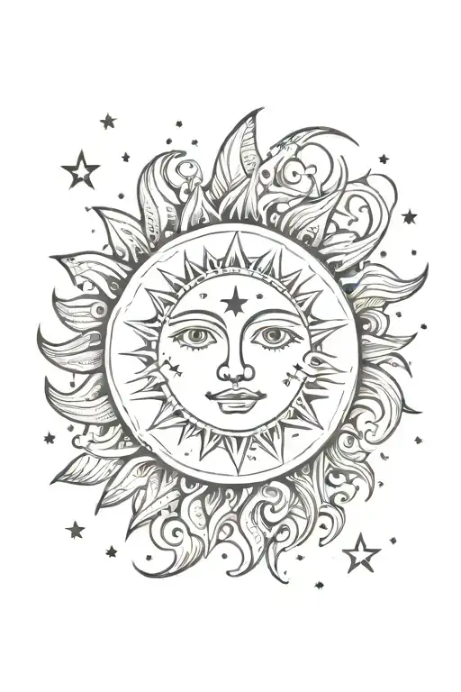 Sun And Moon Surrounded By Stars
