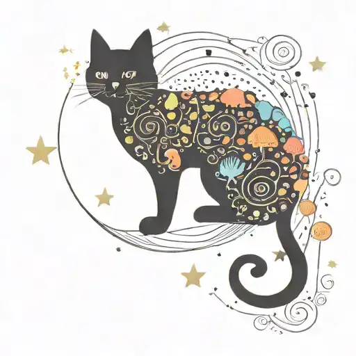 Black Cat And Colorful Mushrooms With Moon And Stars
