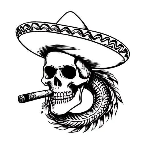 Skull Wearing Sombrero Smoking Cigar With Feathered Serpent