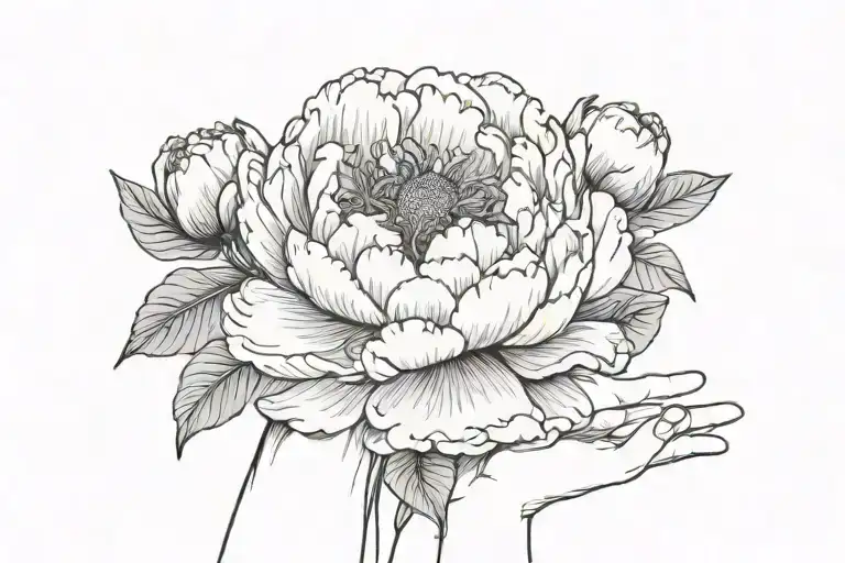 Peony Flowers Around Hand In Black Background Black