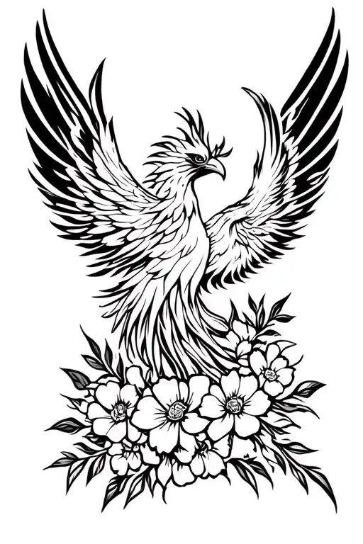 Phoenix With Flowers And Abstract Lines
