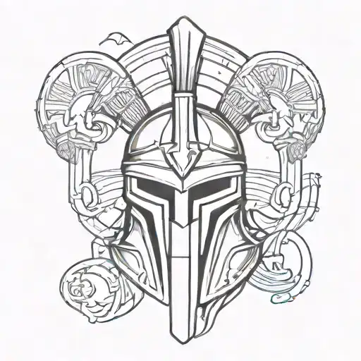 Create A Tattoo Design Featuring A Spartan Helmet Surrounded By Symbols Of Greek Mythology