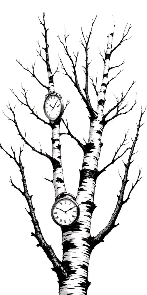Birch Tree White Branches With Exactly 3 Clocks On Branches
