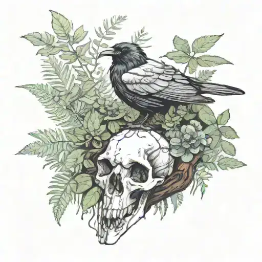 Raven Resting On A Deer Skull With Mushrooms And Ferns Around