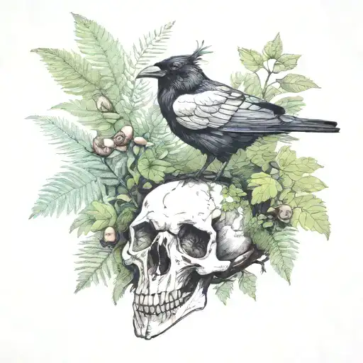 Raven Resting On A Deer Skull With Mushrooms And Ferns Around