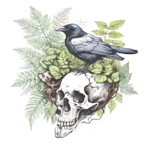 Raven Resting On A Deer Skull With Mushrooms And Ferns Around