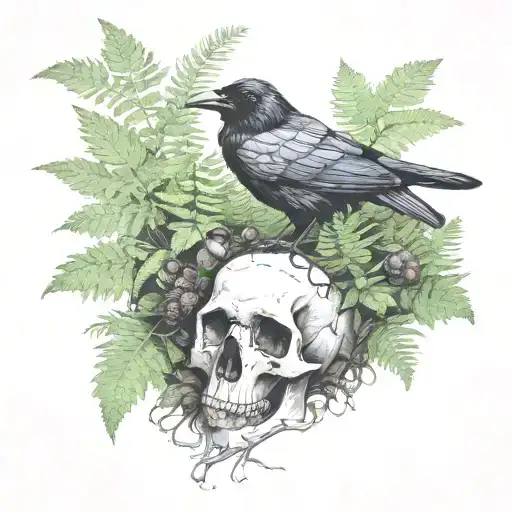 Raven Resting On A Deer Skull With Mushrooms And Ferns Around