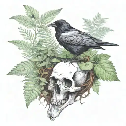 Raven Resting On A Deer Skull With Mushrooms And Ferns Around